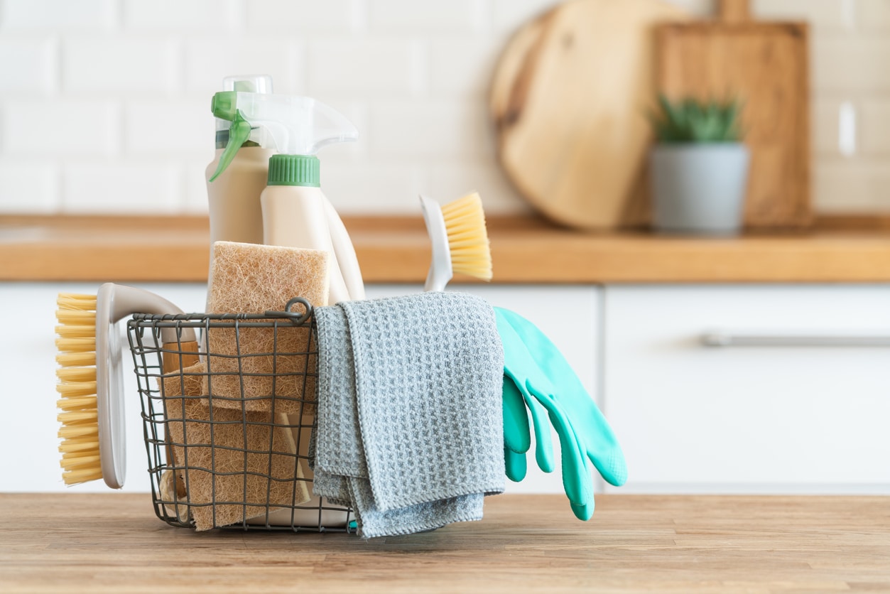 bundle of cleaning supplies sitting on kitchen counter
