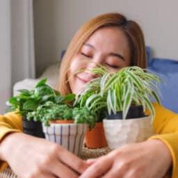 Happy woman holding onto a couple of small house plants